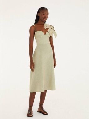 Farm Rio Green Striped 3d Monstera Leaf Euroflax™ Premium Linen Midi Dress NWT